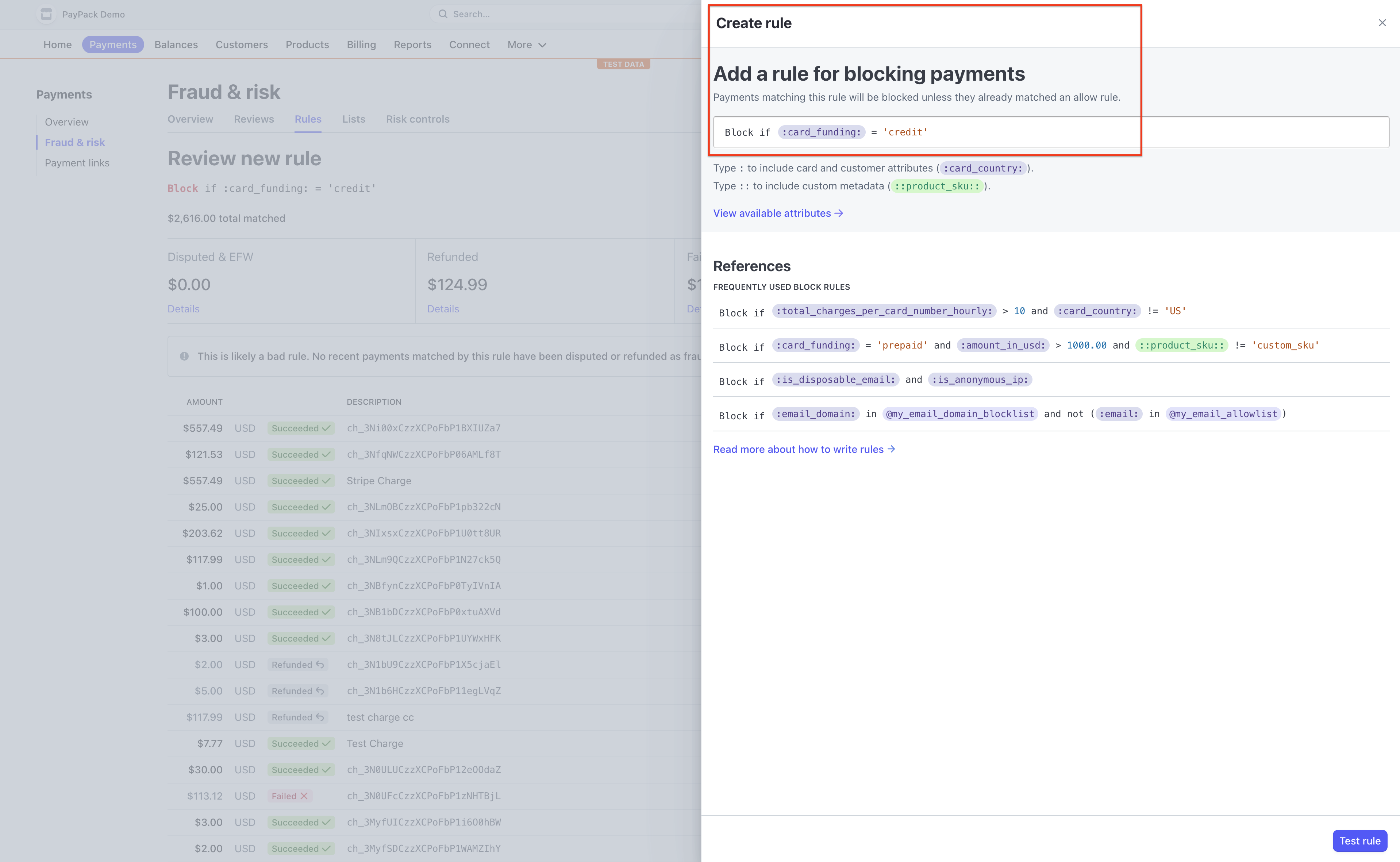 Use Stripe Radar block rule to decline credit cards.png